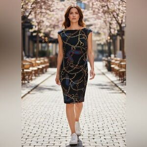 Lauren Ralph Lauren Black Chain Print Midi Dress